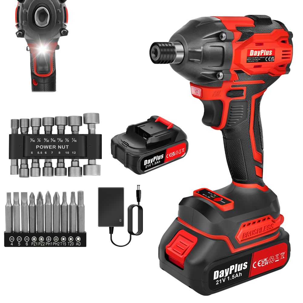 21V Brushless Cordless Impact Wrench 1/2 Inch Battery Impact Gun Max Torque 450N.m, 2200 RPM Power Electric Wrench with 1.5Ah Lithium Battery and Charger, 14 Impact Sockets Set, 12 Screwdriver Bits