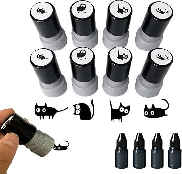 4 Retro Kitten Stamp Set,Round Self Inking Halloween Cat Stamp with Black Ink,Cat Stamps Pattern Self Inking,Vintage Cute BlackCat Pattern Stamp SelfInking,for Decorative Craft Scrapbook Planner B