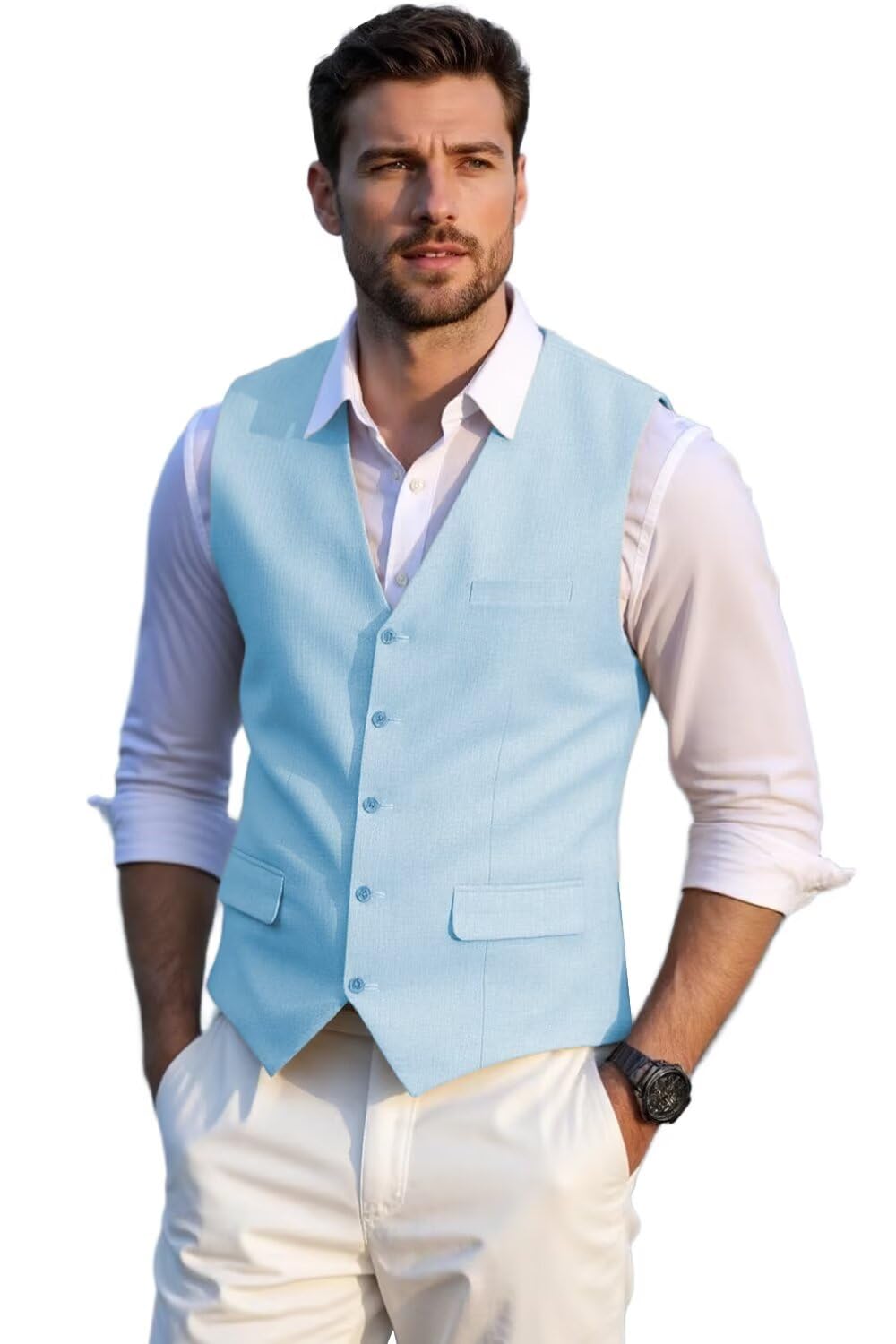 Gilet estivo da uomo, vestibilità normale, classico, per matrimoni e feste (Light Blue,M), Azzurro, M