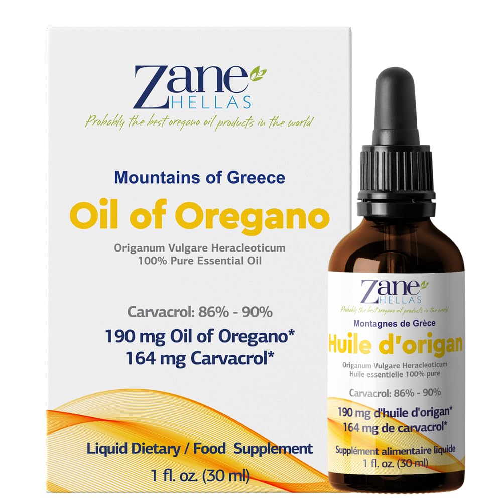 Zane Hellas 100% huile d'origan non diluée.Huile Essentielle Grecque Pure d'Origan.86% Min Carvacrol.164 mg de carvacrol par portion.Probablement la meilleure huile d'origan au monde.1 oz-30ml