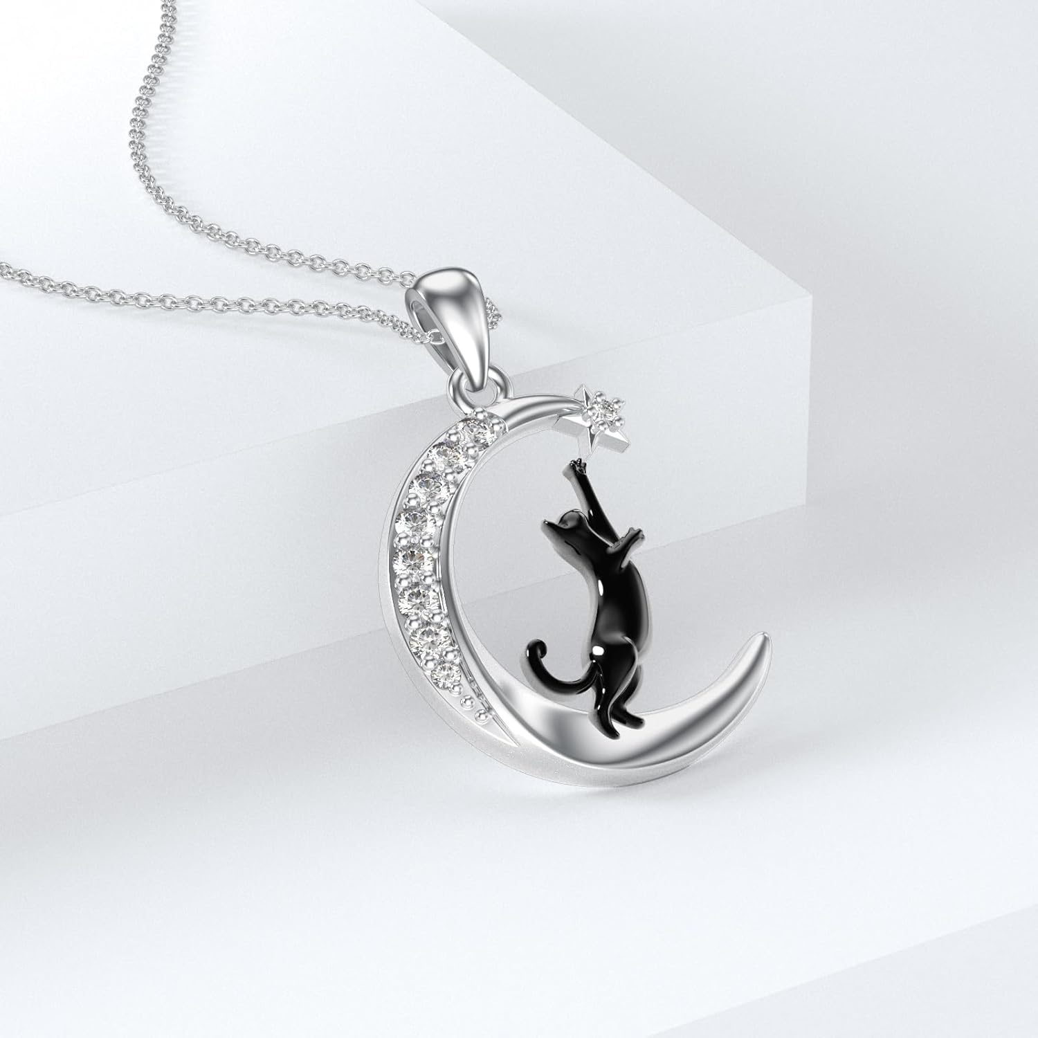Diamond Moon and Cat Necklace for Women 925 Sterling Silver Black Cat Catching Star on the Moon Pendant with Lab Grown Diamonds Jewelry Gifts - Image 3