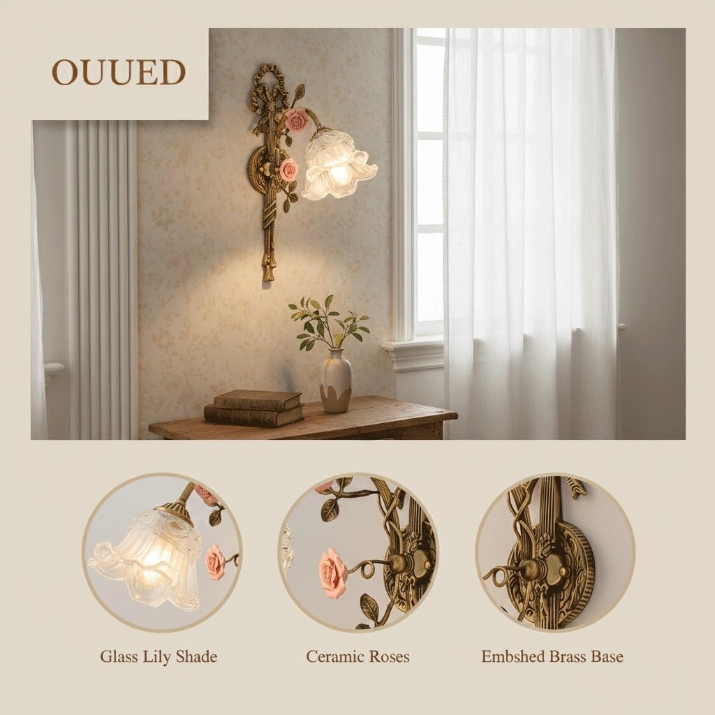 European Vintage Wall Sconce, Romantic Full Brass Lamp with Wall Light Ornate Ceramic Roses, Bell-Shaped Glass Shade & Embossed Wall Mount, Finish E14 Light Fixture for Bedroom(Milky White)