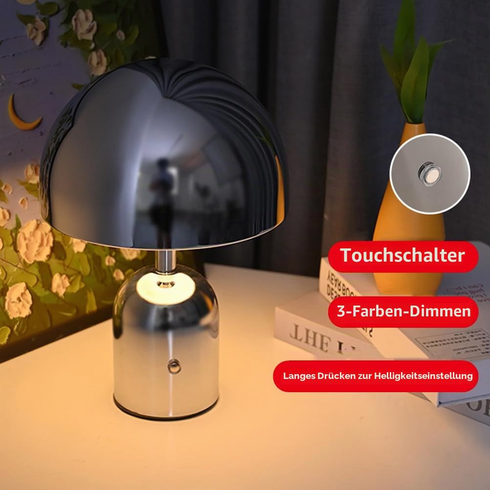 AoLa Pilz Tischlampe Kabellose Pilzlampe 2000mAh Akku Tischleuchte Dimmbar Touch Control Nachttischlampe Ohne Kabel USB Aufladbar Batterie Lampe für Restaurant Schlafzimmer Wohnzimmer, Silber