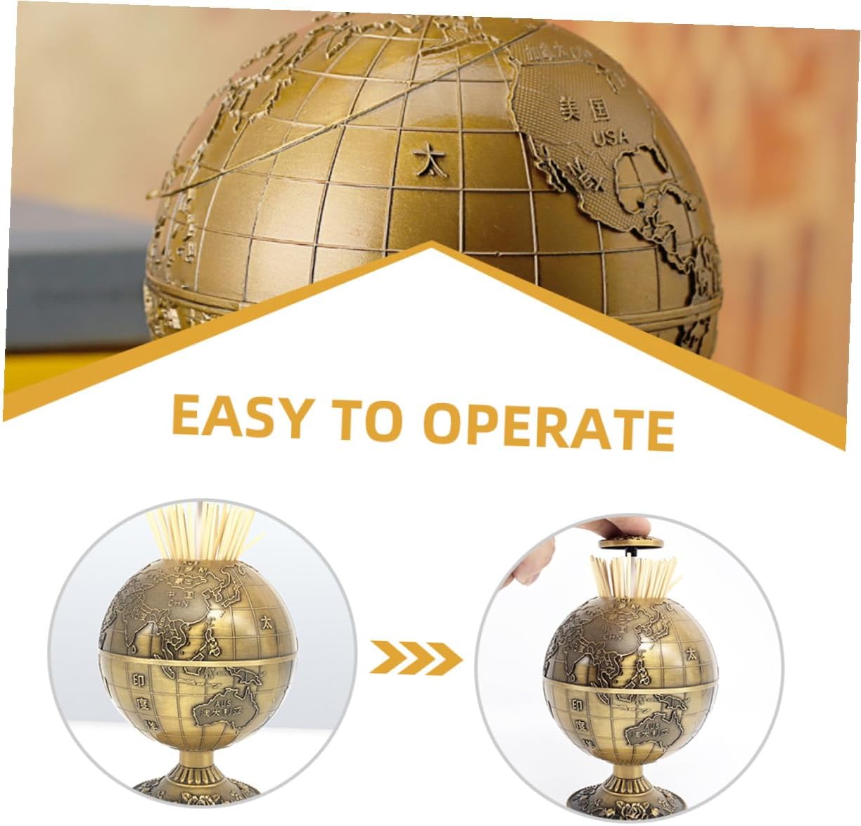 Press-type Toothpick Dispenser Sphere Shape Holder with Lid Vintage Copper Toothpick Organizer for Home Dining Table 360° Rotating Creative Desktop Container
