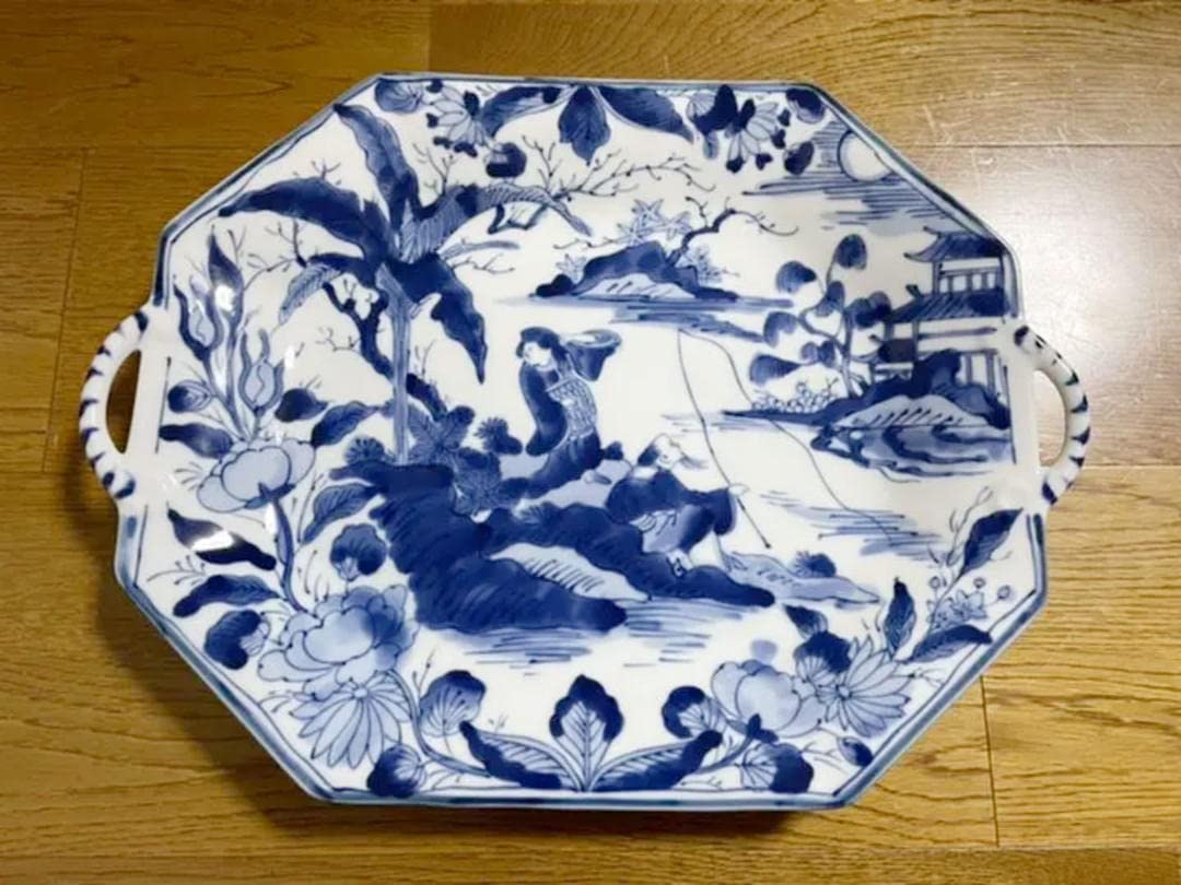 Amazon.co.jp: 龍峰窯 青花手付 長角大皿 花風流 : ホーム＆キッチン 