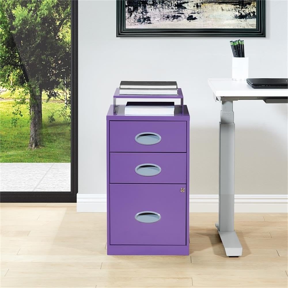 Pemberly Row 3-Drawer Locking Metal File Cabinet, 14.25"W x 18"D x 27.75"H, Purple Finish, Raised Top Shelf, Durable Letter Size File Rack, Smooth Glide Drawers, for Home or Office Document Storage