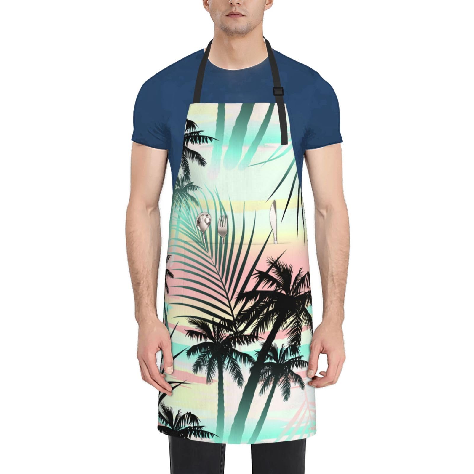 Smazdfxx Unisex As Pic Hawaiian Palm Tree Apron Women Men Tropical Flower Waterproof Adjustable Apron With 2 Pockets