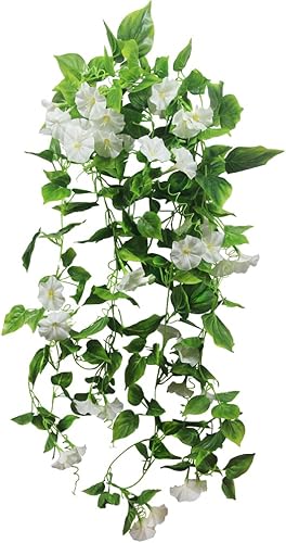 FERIAL Vines artificiales para decoración con flores, 2 piezas de plantas colgantes, guirnalda de seda blanca de gloria de la mañana, plantas