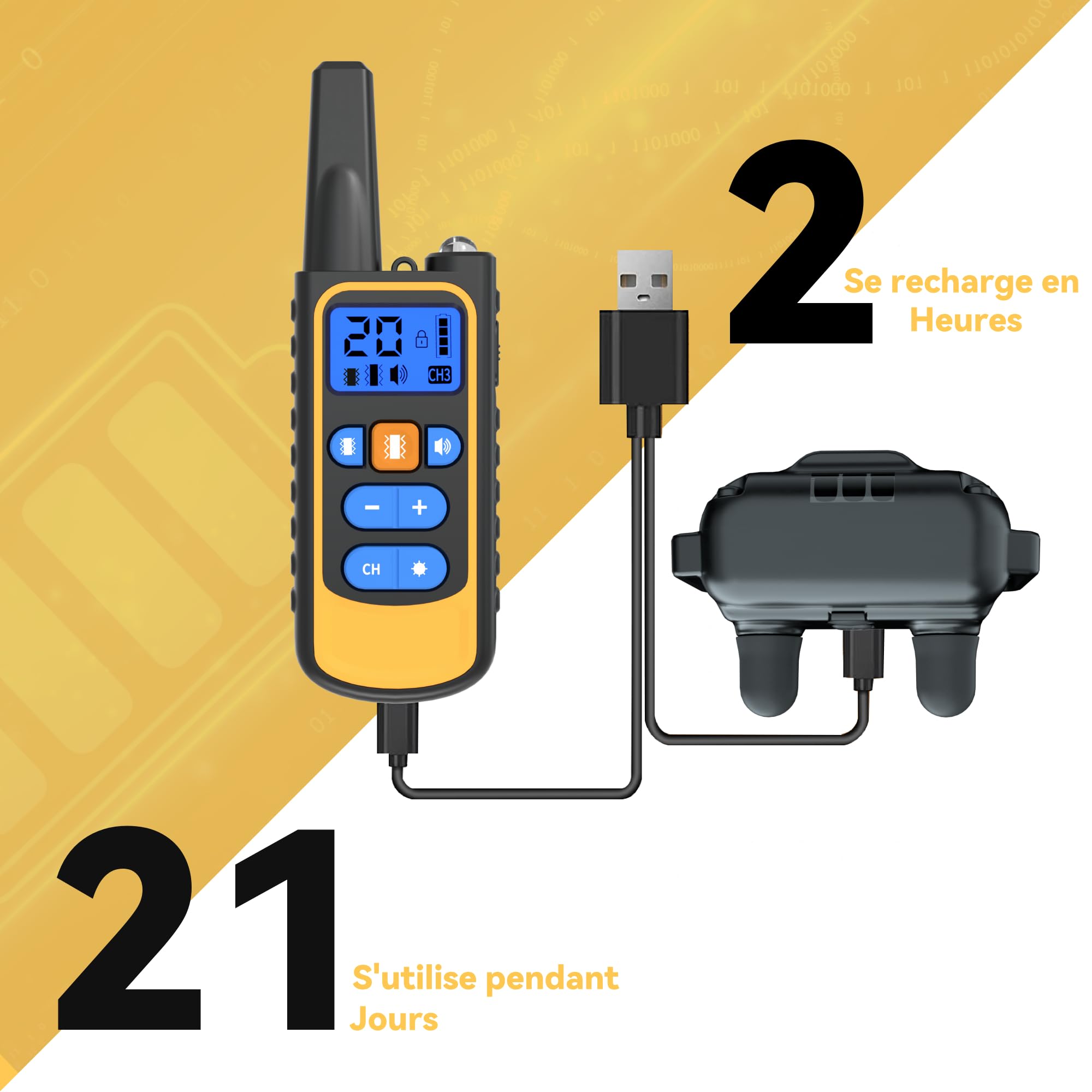 Meloive Collier de Dressage pour Chien,Portée de 3000m,Collier Rechargeable avec Mode Son,Vibration,Forte Vibration et Lumière LED,IPX67 Résistant à l'eau,Adapté Aux Chiens de Petites et Gros Tailles