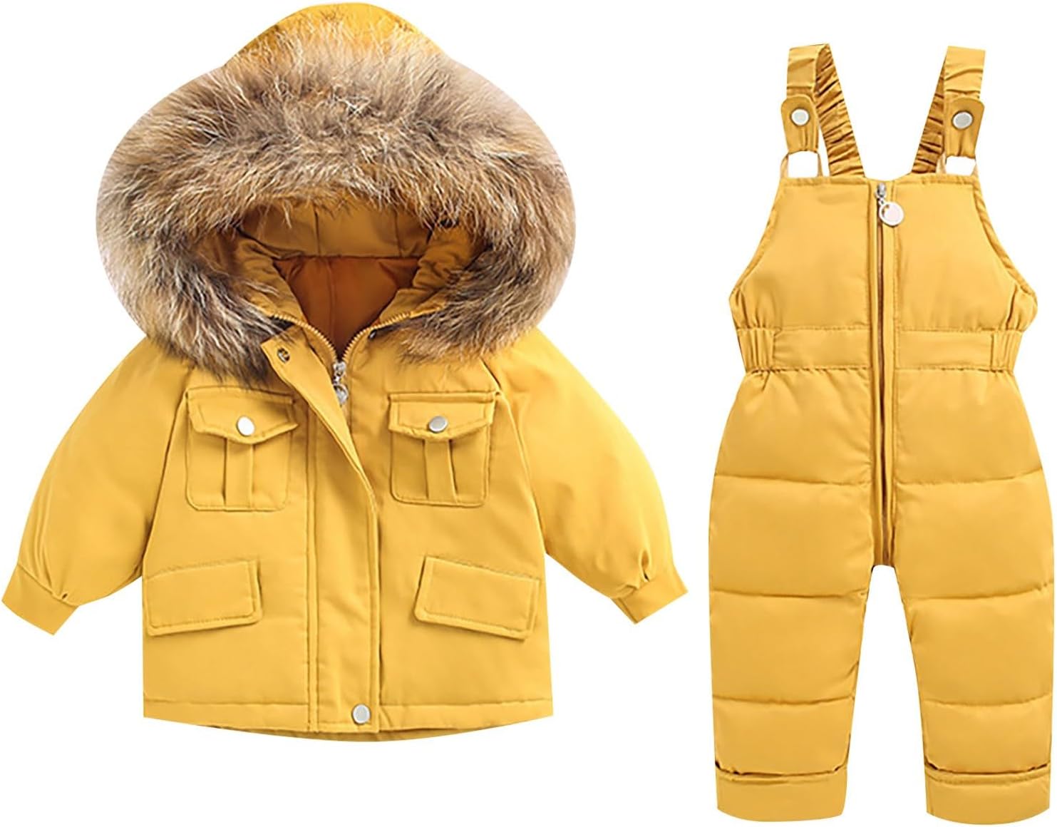 Toddler Boy Girl 2-Piece Snowsuit Cozy Hooded Puffer Jacket and Ski Bib Set Windproof Overalls Thickened Ski Suits