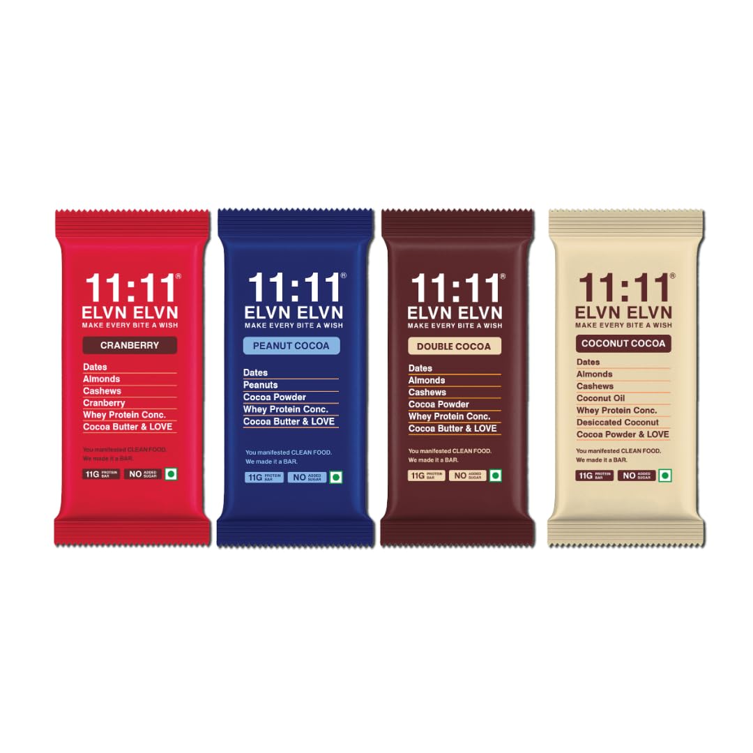 11:11 ELVN ELVN Assorted Protein Bars (Pack of 4) | Includes Peanut Cocoa, Double Cocoa, Cranberry & Coconut Cocoa | 11g Protein Each | Sweetened with Dates | No Refined Sugar | High Protein Snack Bar-image-23