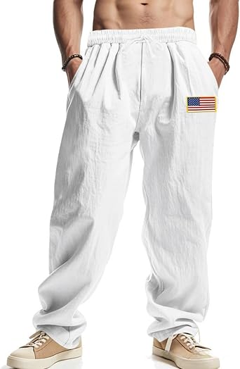 Summer Linen Pants for Men Elastic Waist Drawstring Beach Pants Baggy Wide Leg Trousers with Flag Label White L