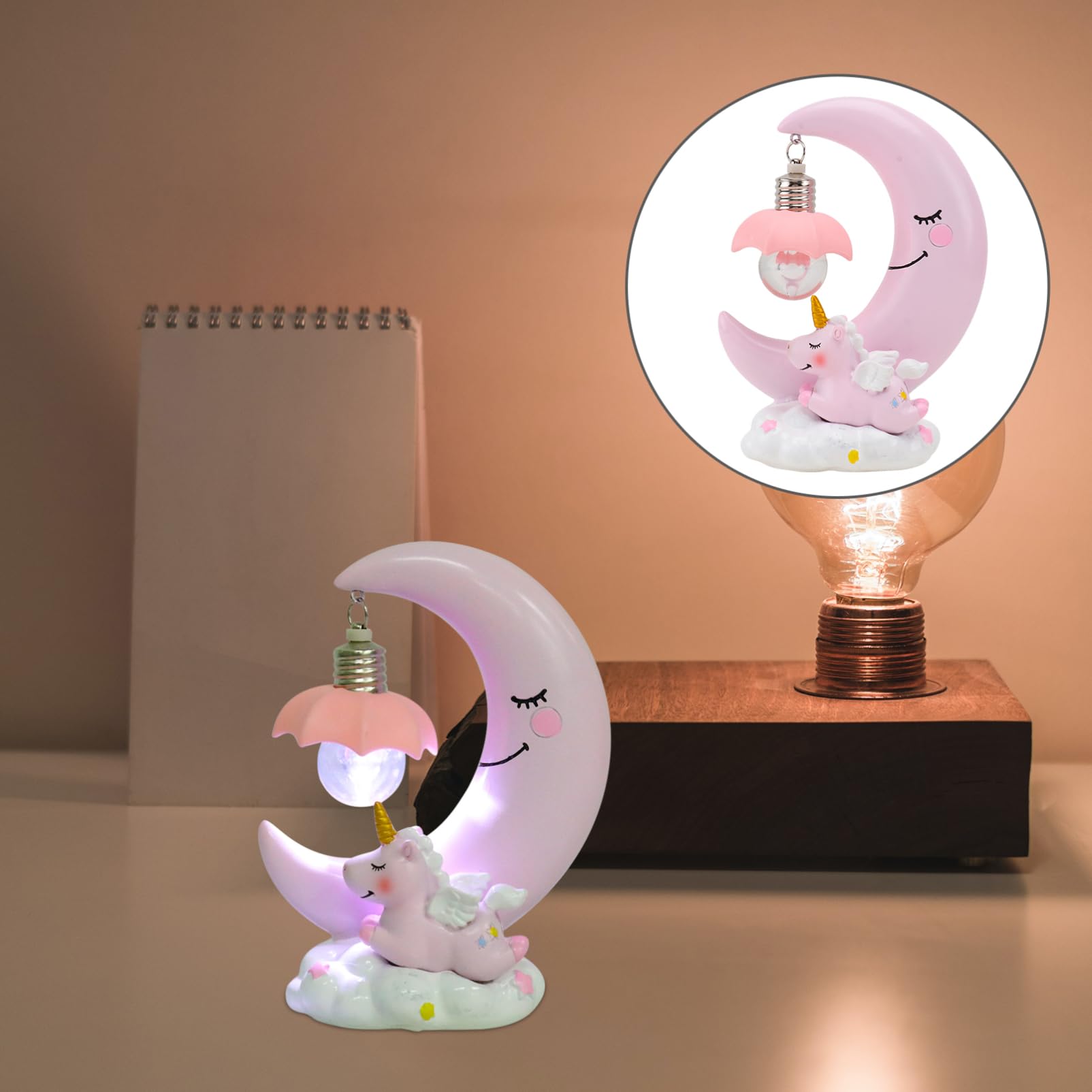 Lámpara Nocturna Resina Niña Diseño Luna Rosa Decorativa Mesita Noche Regalo Cumpleaños Niño Niña