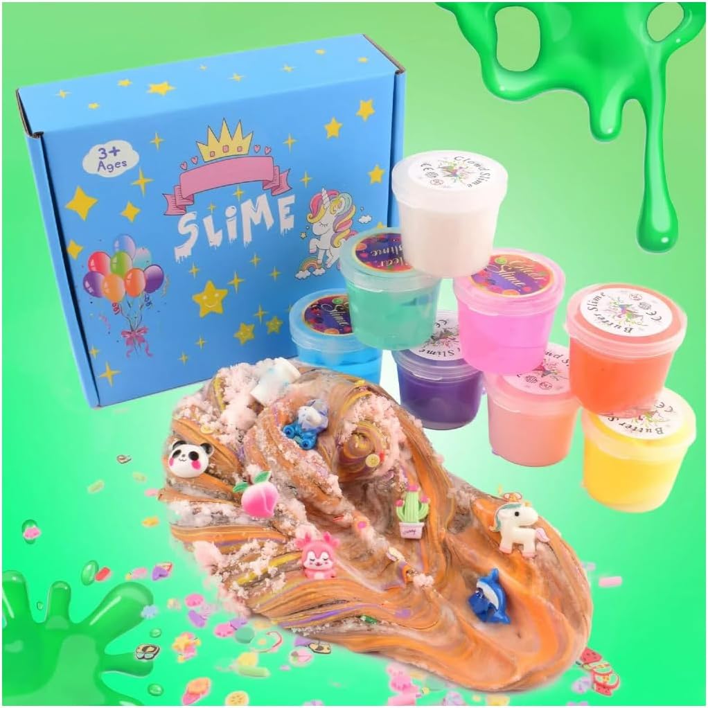 8 Pack Slime Toys of 3 Butter 3 Clear 2 Cloud Slime, for Kids Party Favors, Soft Stretchy Premade Putty Stress Relief Toy for Girls Boys