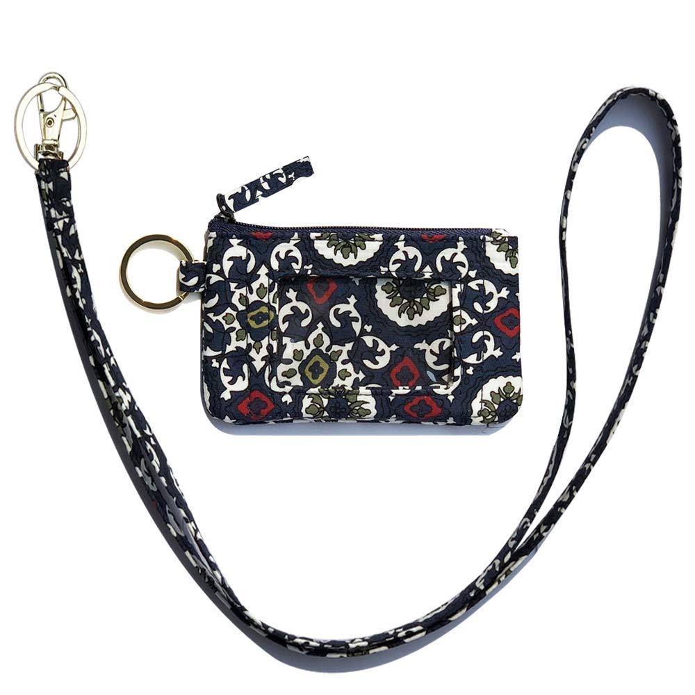Lighten Up Zip id case Geometric Pattern Wallet Iconic Zip ID Coin Purse with Id Window Signature Cotton/Lanyard in Camofloral/Badge Neck Strap Lanyard Card Holder ID Case (Dark Blue 6)