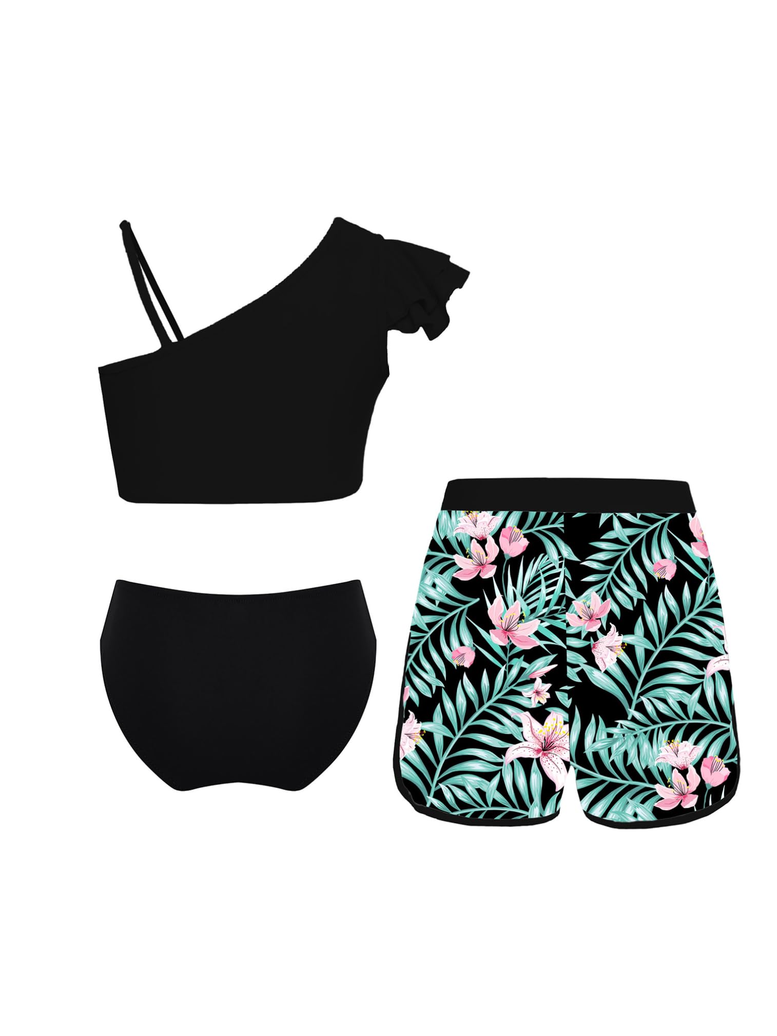 ranrann Ensemble Maillot de Bain Fille Enfant Ado 3 Pièces Débardeur + Bas de Bain + Short Imprimé Tropical Natation Plage 5-16 Ans