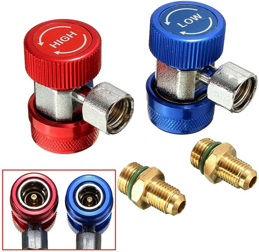 2X R134A Quick-Connector Adapters, A/C Manifold Gauge Set with Extractor Valve Core, 90¡ã Degrees Connectors, Fast Coupling, Red/Blue Quick Couplers, for Car A/C System Charging,