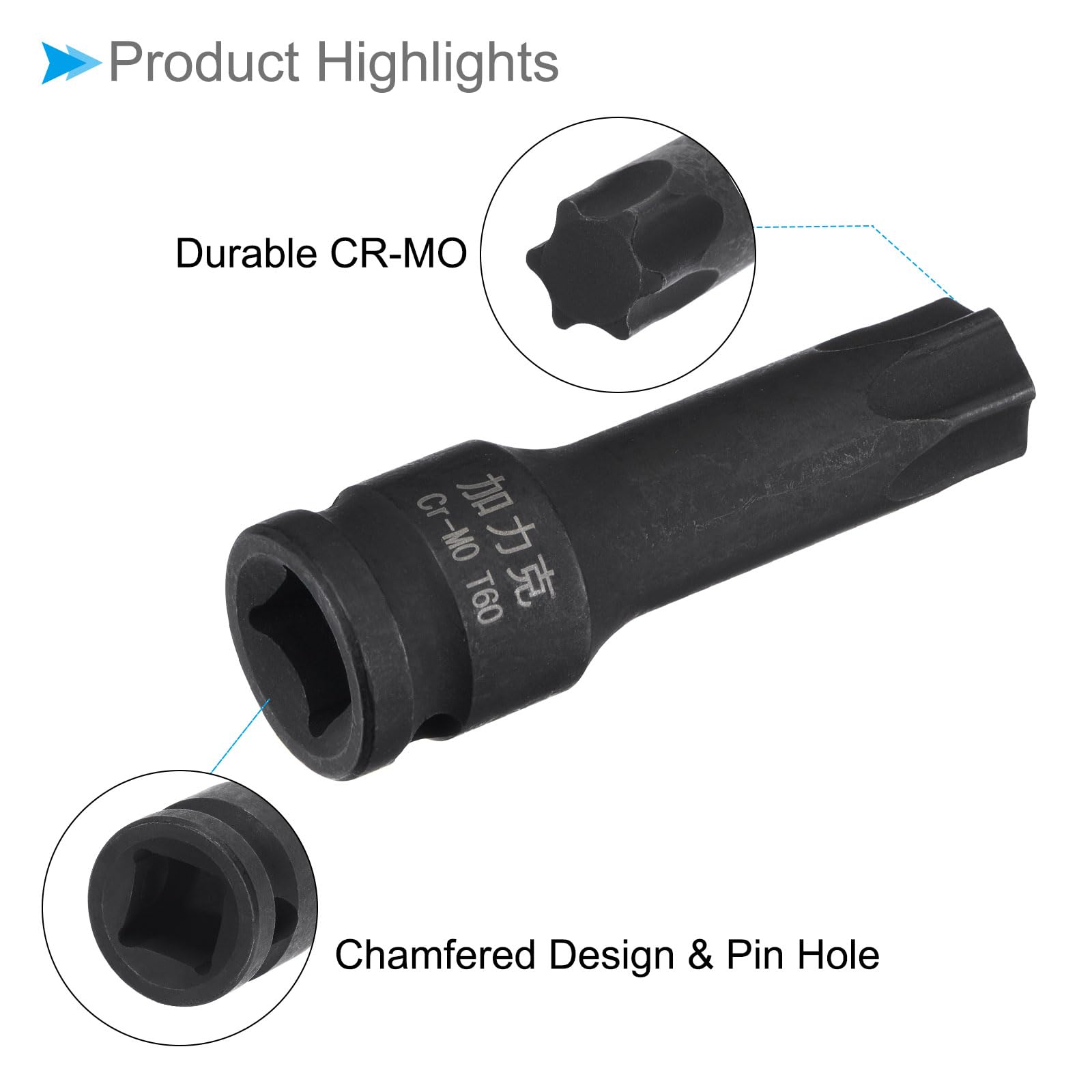 CoCud Impact Torx Bit Socket, T60 3/8" Square Drive 60mm Length, CR-MO Chamfer Design Pin Hole 6 Point Star Socket Bit - Image 4