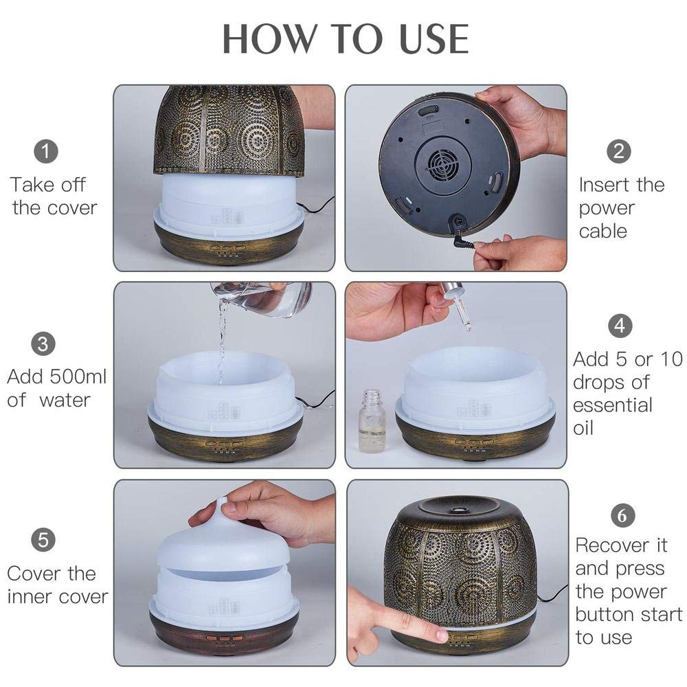 Humidificador Difusor de aceite esencial de aromaterapia metálica, humidificador, ultrasónico, neblina fresca, ajuste de tiempo, cambio de luz de color, sin agua apagado 500 ml Silenciosos