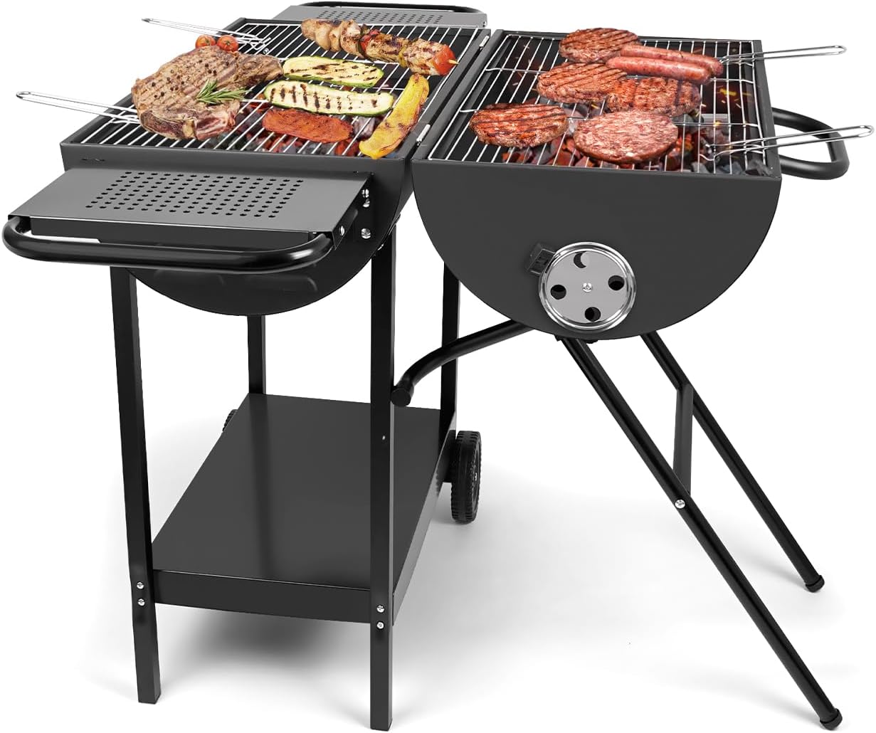 Double Charcoal Barrel Grill with Two Side Shelf, Large Portable Grill For Outdoor Patio Backyard Camping and Parties (Extra Large)