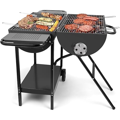Double Charcoal Barrel Grill with Two Side Shelf, Large Portable Grill For Outdoor Patio Backyard Camping and Parties (Extra Large)