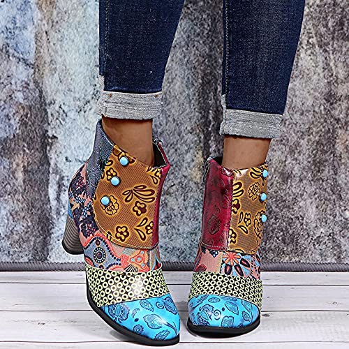 Hbeylia Western Ankle Boots for Women Vintage Ethnic Boho Print Chunky High Heels Dress Short Boots Fashion Leather Almond Toe Pump Ankle Booties Fall Winter Dressy Block Heels Cowboy Boots3