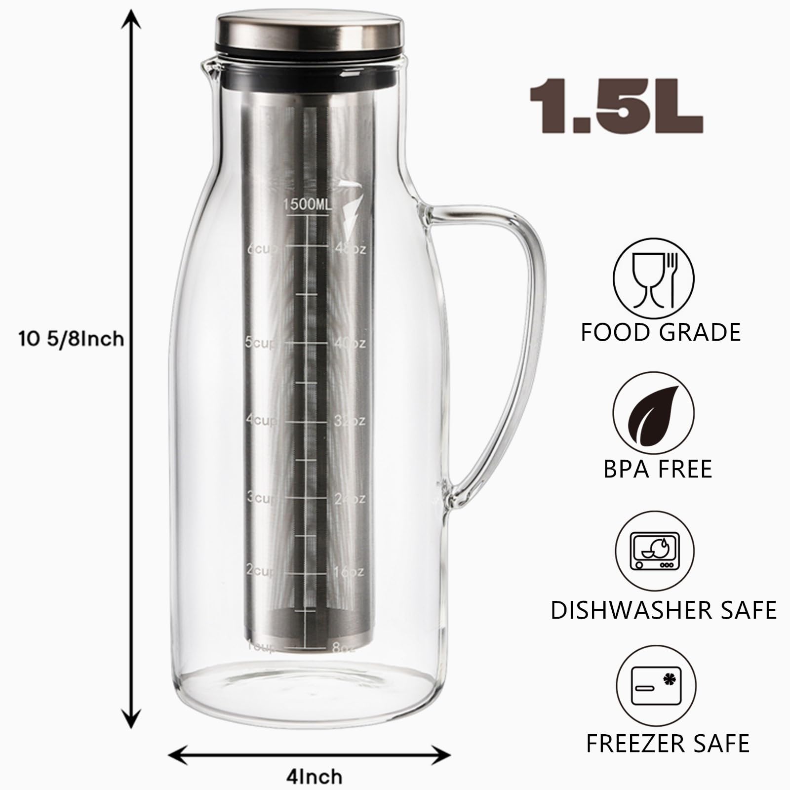 Tebery Jarra de café helado Cold Brew con filtro de acero inoxidable extraíble y tapa, jarra de vidrio de 1,5 L/1,445.8 g con boquilla para café, té helado, bebidas de frutas, limonada