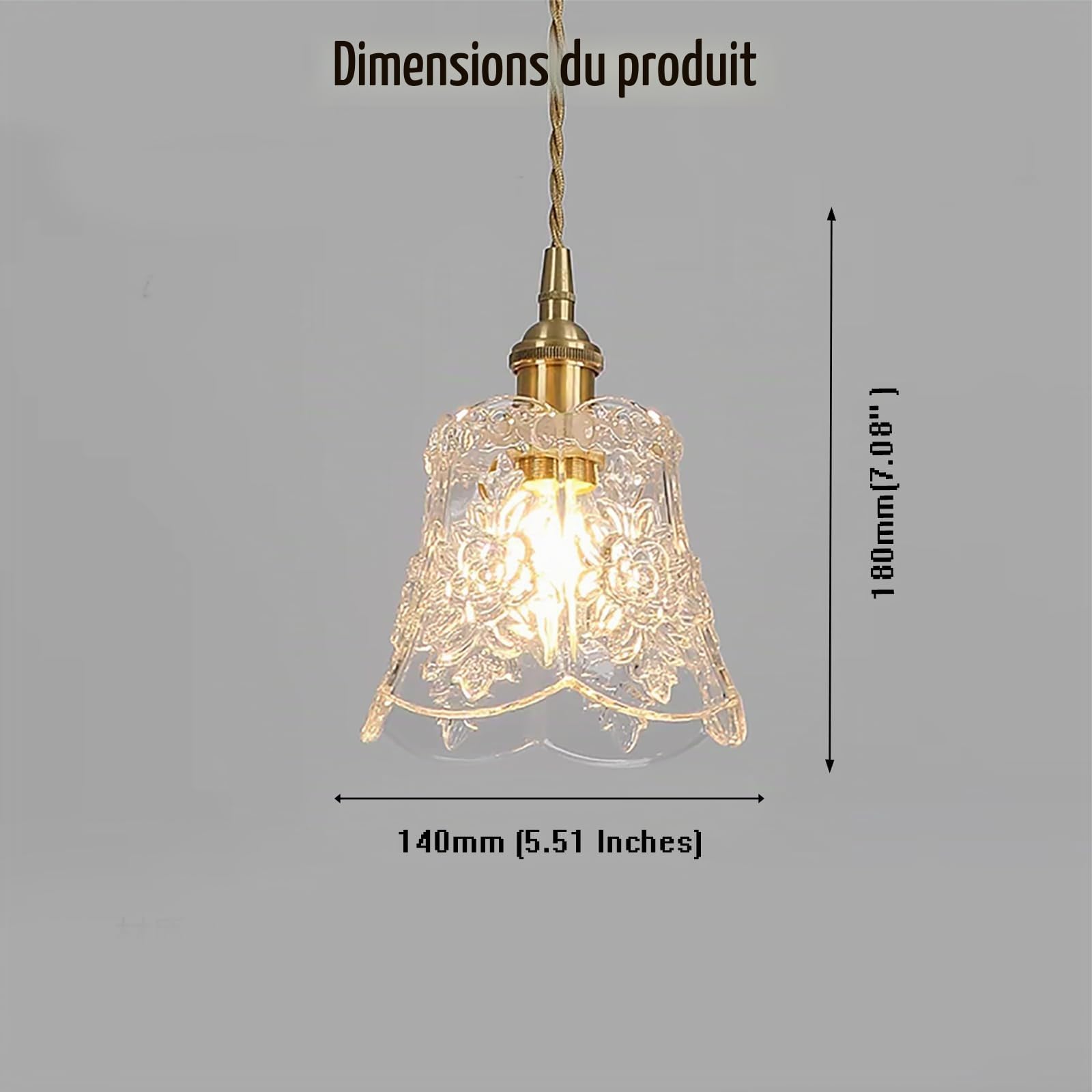 Chrasy Vintage E27 Suspension Luminaire Abat-jour Classique en Verre Transparent Gravé Petite Lampe Suspendue Rétro Finition Laiton pour Cuisine, Salon, Chambre, Café