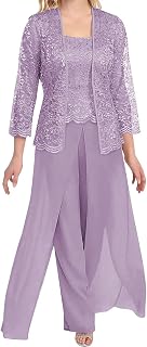 Mother of The Bride Pant Suits Lace Evening Formal Dresses for Wedding Guest Groom Outfit Sets with Jacket Slit Women's