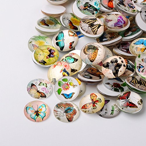Beadthoven 200pcs 14mm Mixed Color Butterfly Glass Cabochon Flatback Half Round Dome Cover Charms for Jewelry Finding Cameo Pendent Making Circle Bezel Tray Setting