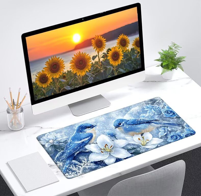 Grand tapis de bureau oiseau et fleur pour organiser un setup PC esthétique - 2