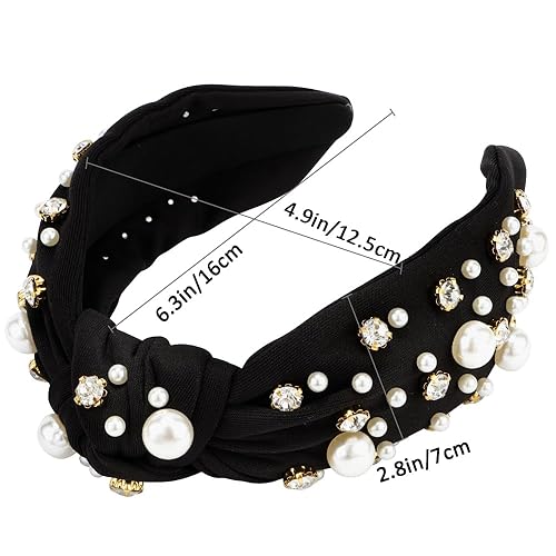 Miniatura 6 de Diadema negra con nudo superior ancho con perlas de diamantes de imitación para el cabello de las mujeres, diademas adornadas para el cabello