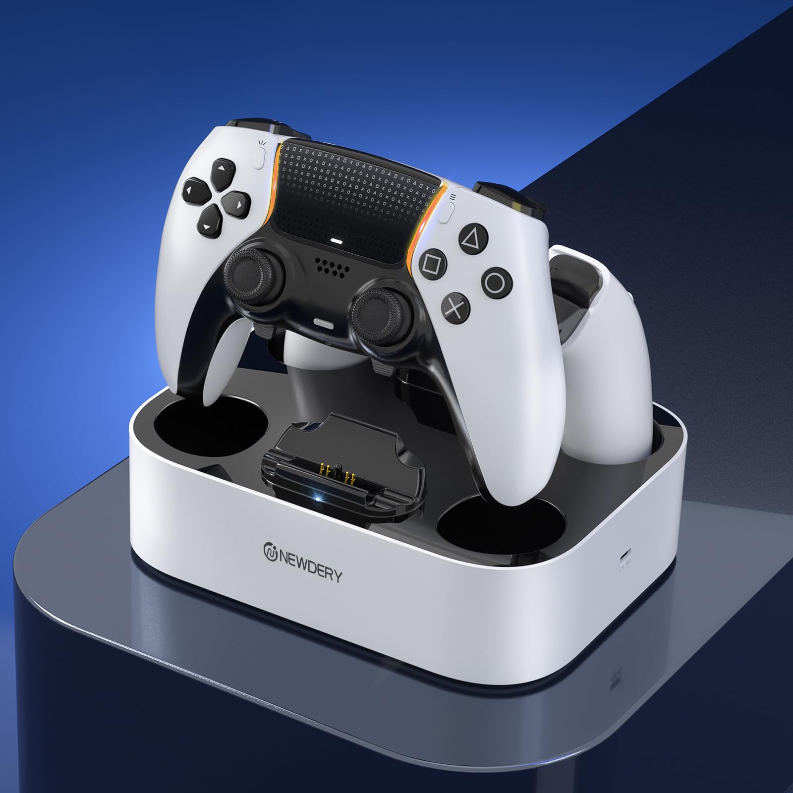 NEWDERY Stazione di ricarica per controller PS5 Dual-Sense Edge & PS5, docking a ricarica rapida, supporto per controller Play-Station 5 Edge & PS5 con indicatori luminosi a LED