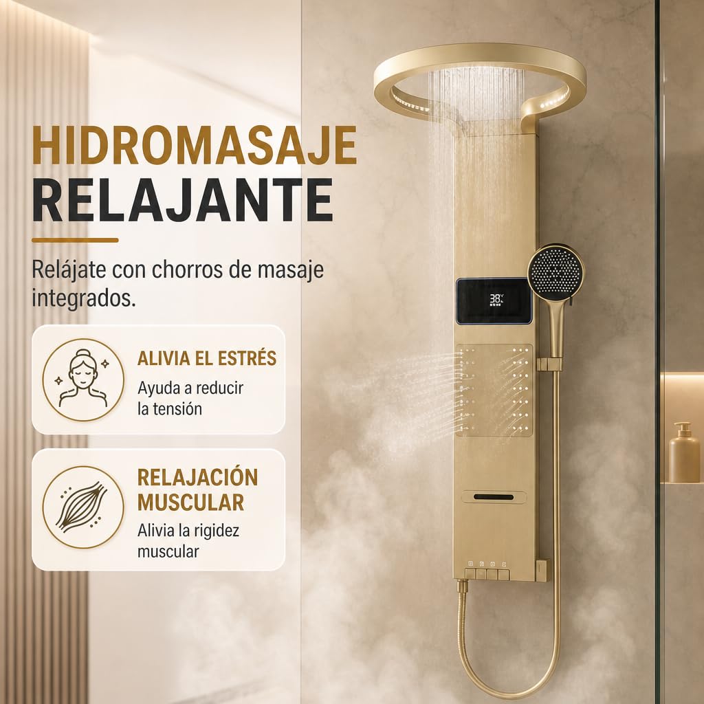 INEX EUROPA Panel de Ducha Termostática de Lujo Gold - Columna de Ducha Hidromasaje 10 Años de Garantía con 4 Modos de Operación - Torre de Ducha 105 cm Altura Daytona Collection