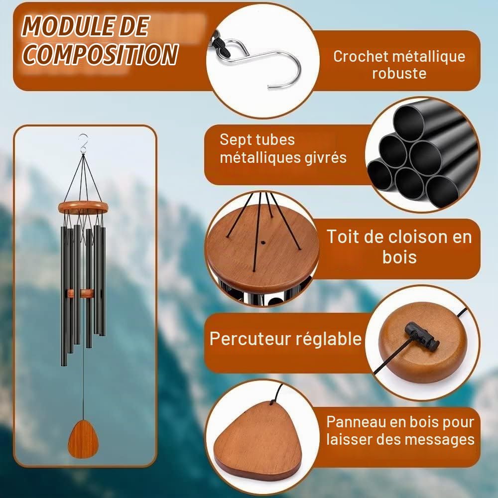 Carillon à vent en aluminium de 65 cm - 6 tubes en métal - Carillon sonore pour extérieur, jardin, terrasse - Décoration avec attrape-vent - Noir classique