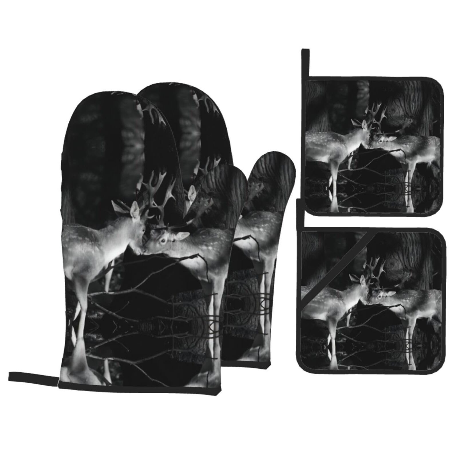 WHJSHOP Lovely Deer Couple Prints Kitchen Baking Throw Set with Heat Resistance, Waterproof Oven Mitts & Pot Holders for Cooking, Grilling & Handling Hot Dishes