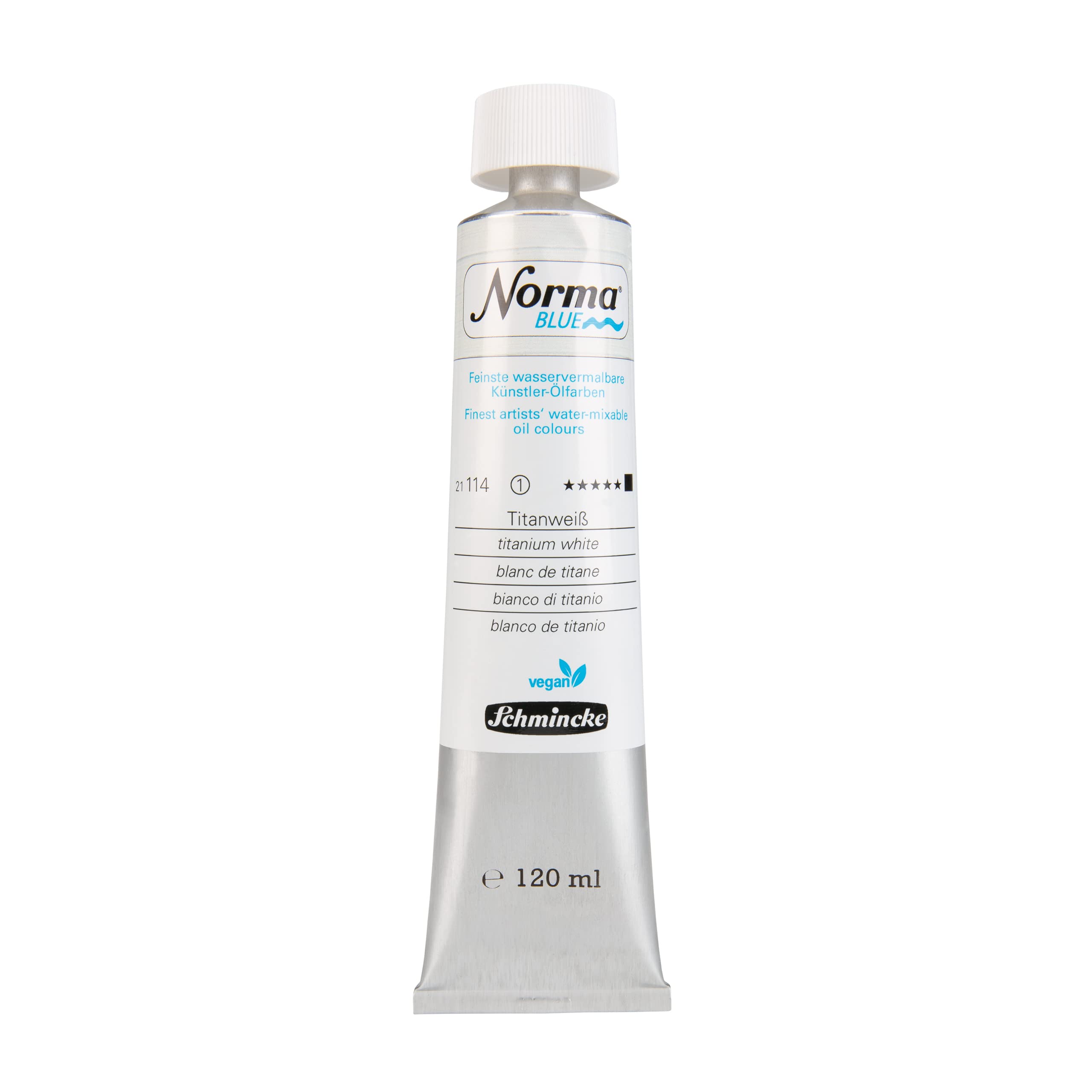 Schmincke 114 Titanium White - Norma® Blue, 21114012, Finest Water-Based Artists' Oil Colours, Highly Pigmented, Lightfast, Vegan, Titanium White - 120 Ml