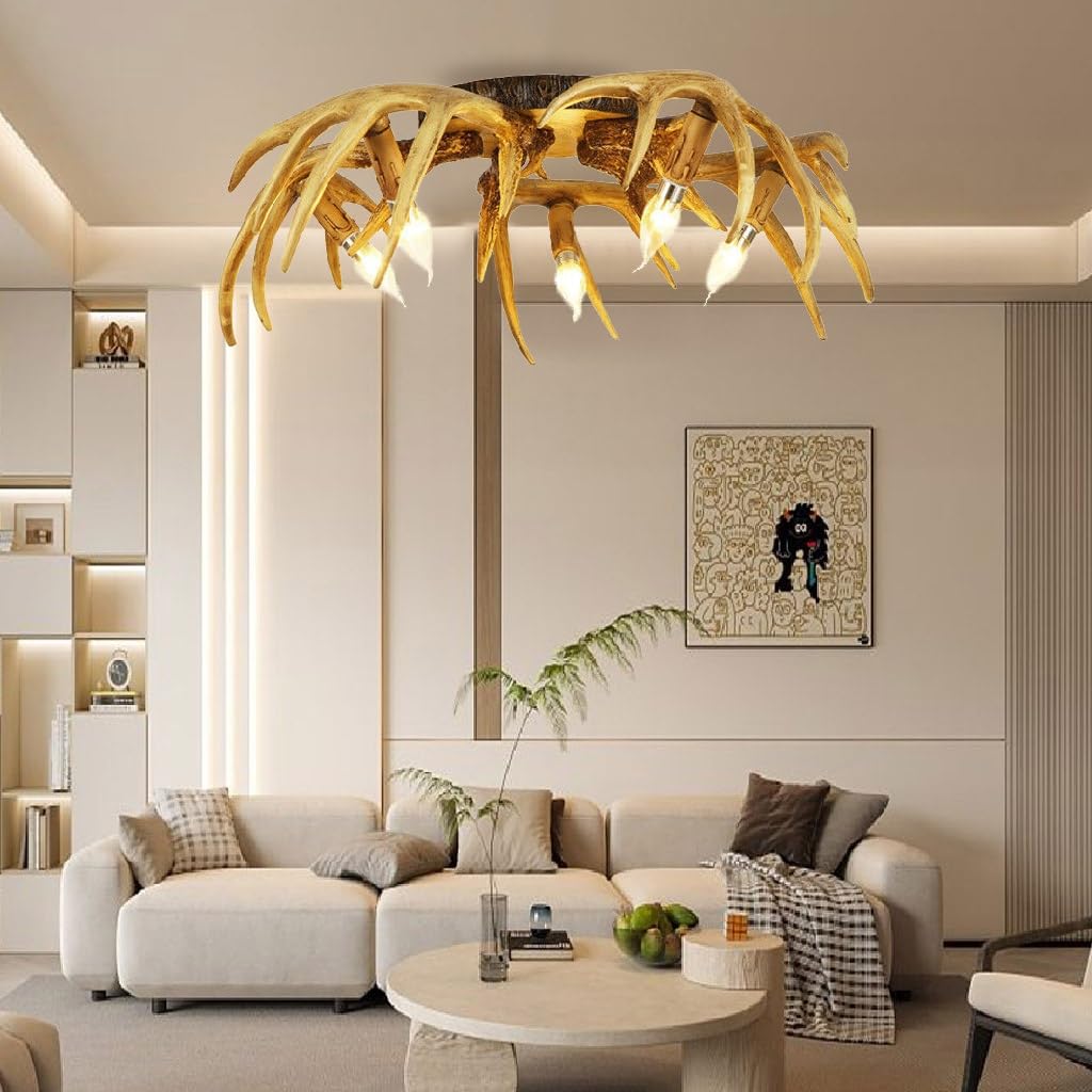 BBWO Retro Resin Antlers Ceiling Lighting fixture lampe E14 ×5 antique Ceiling lampe bedroom Pendant Light Resin Lampshade ceiling Chandelier corridor vintage style lights Dining Table chandelier