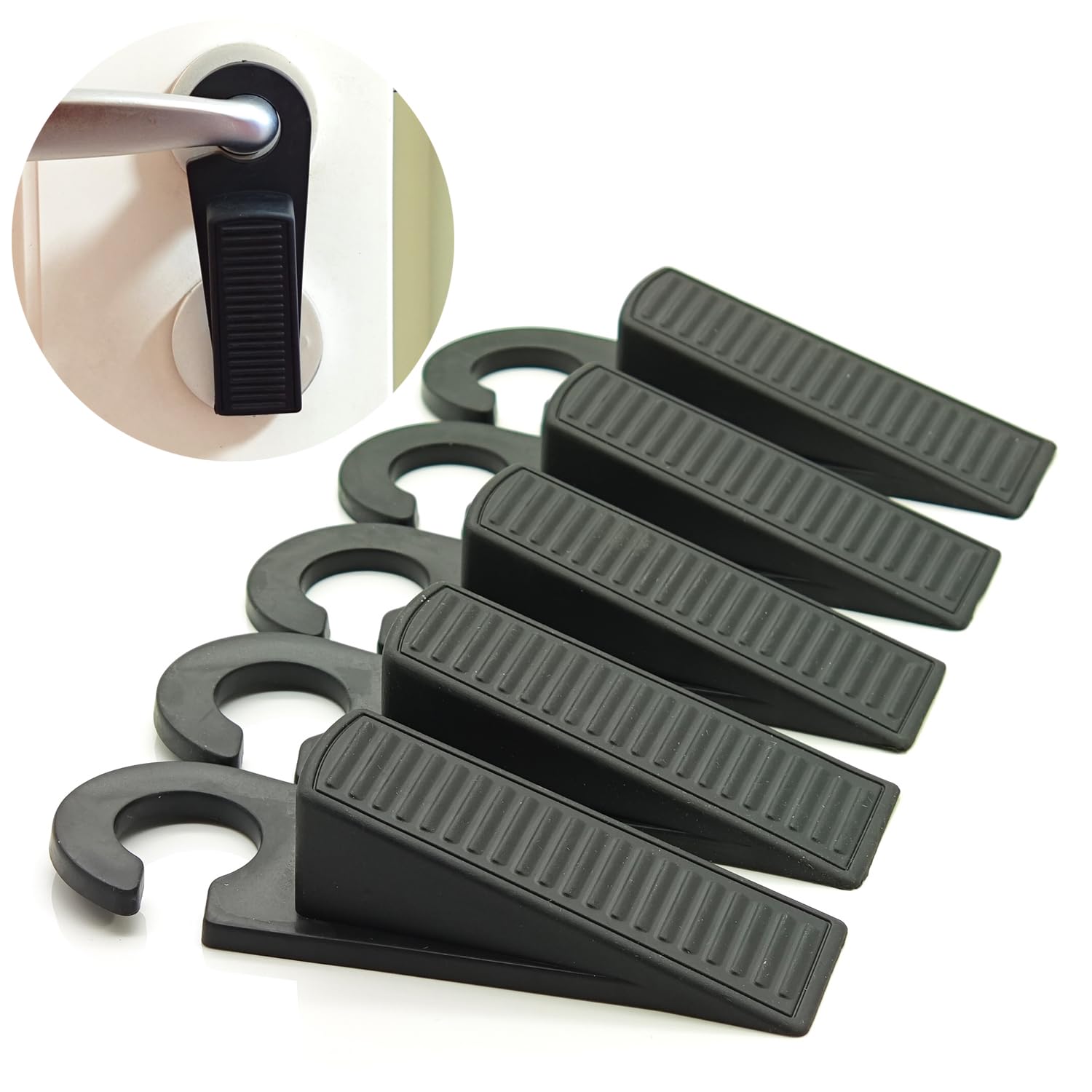 5 Pack Hangable Rubber Door Stoppers – Heavy Duty Wedge Design, Wall Protector & Sound Dampening, Ideal for Coarse Floors and Floorboards, Black