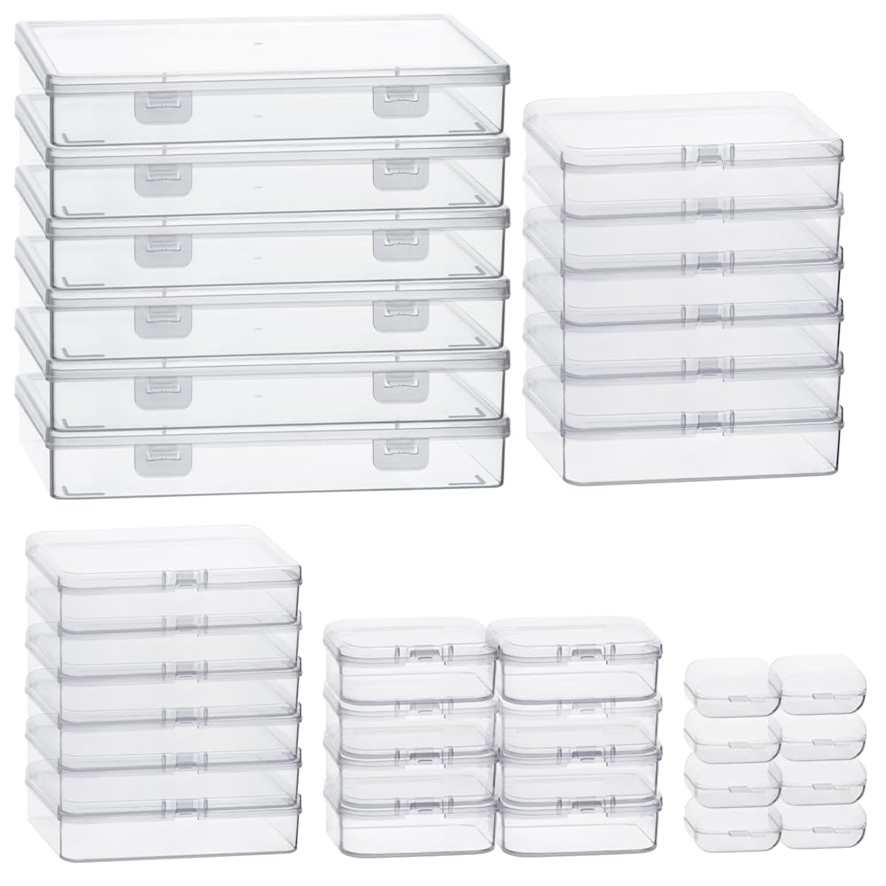 RETON 36Pcs Mixed Sizes Plastic Rectangular Clear Organizer Storage Box, Small Plastic Containers with Hinged Lid for Small Tiny Items Craft Storage, Beads Boxes for Art Craft Jewelry Projects