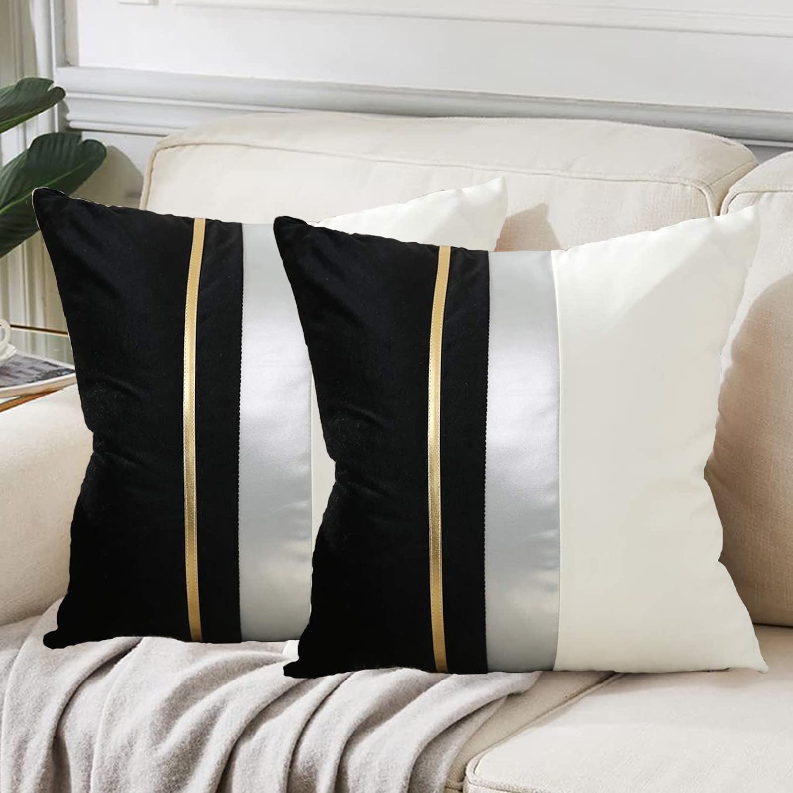 QIYINQIN Farmhouse Velvet Throw Pillow Covers White and Black Stripe Patchwork Gold Leather Pillow Covers Modern Accent Pillowcases for Couch Sofa Bed 18X18 Inch Set of 2 (B0BLSTQCFB) Amazon Price History, Amazon Price Tracker