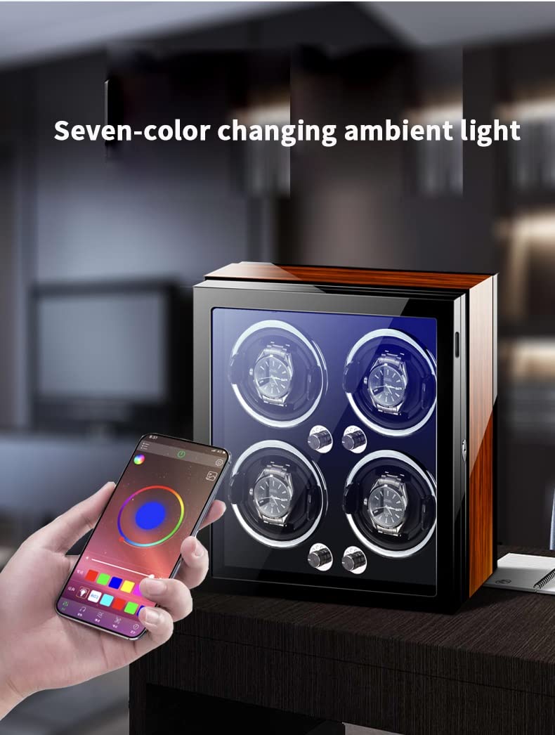Scatola Carica Orologi per Orologi Automatici da 4, 6 o 9 Pollici con Luce LED e Motore Silenzioso, espositore per Orologi da Polso in Legno con Finitura Laccata pianofor，Black-2+0