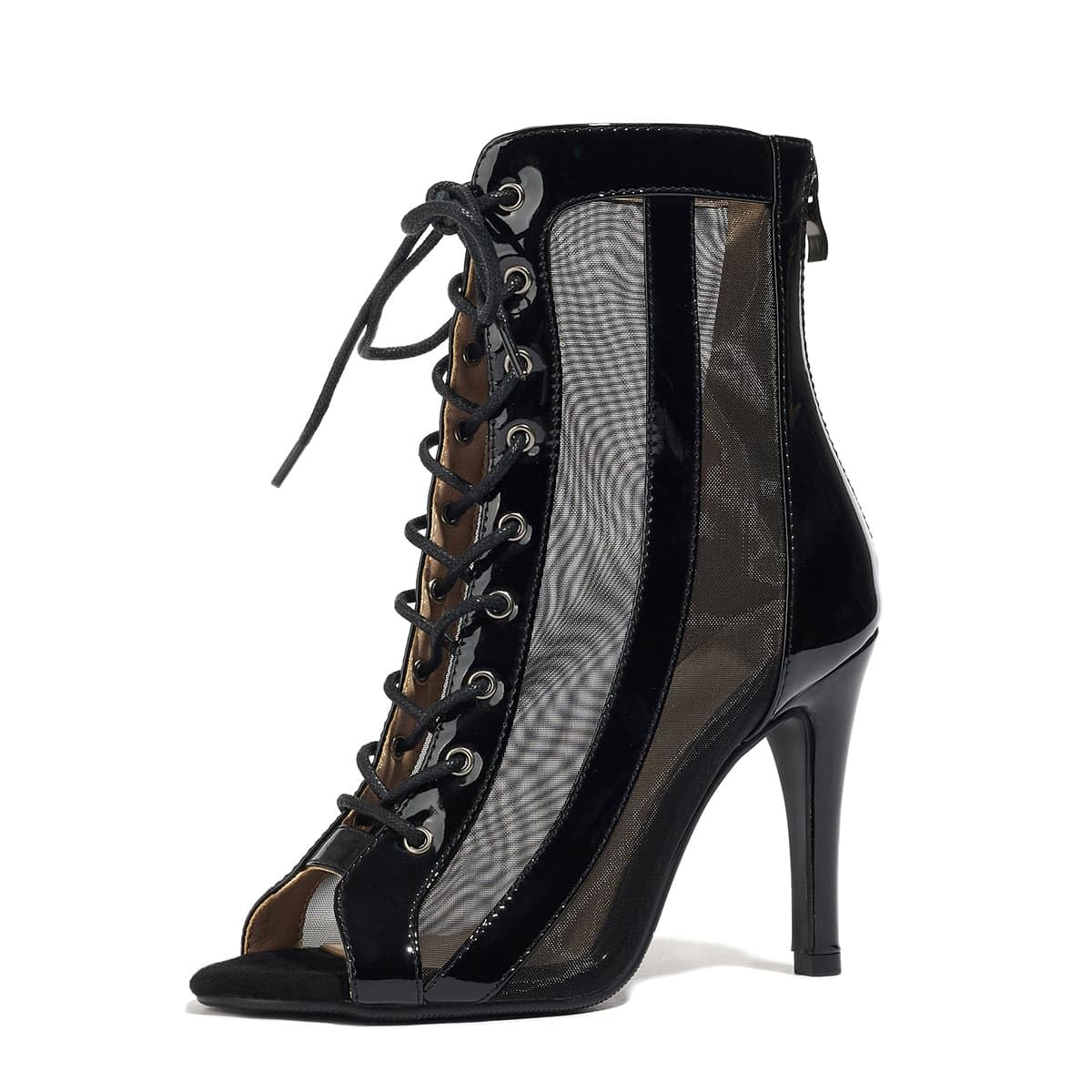 BYOMIGY Dance Heels for Women Lace Up Sandals Mesh Peep Toe Sexy Gladiator Stiletto Heels for Summer Party Boots