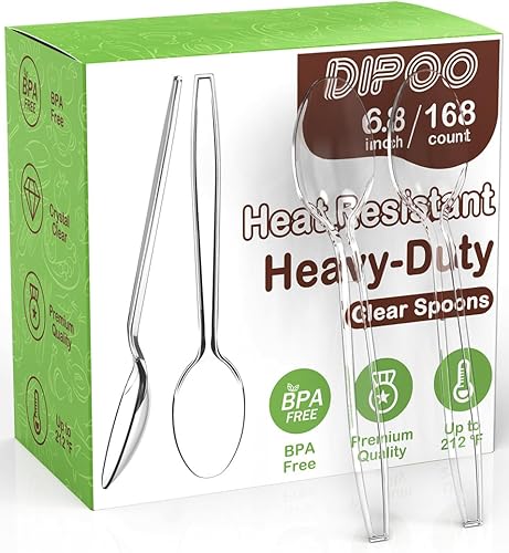168 cucharas de plástico transparente de 6.8 pulgadas, resistentes al calor y sin BPA, cubiertos de plástico sólido y duradero, cucharas desechables