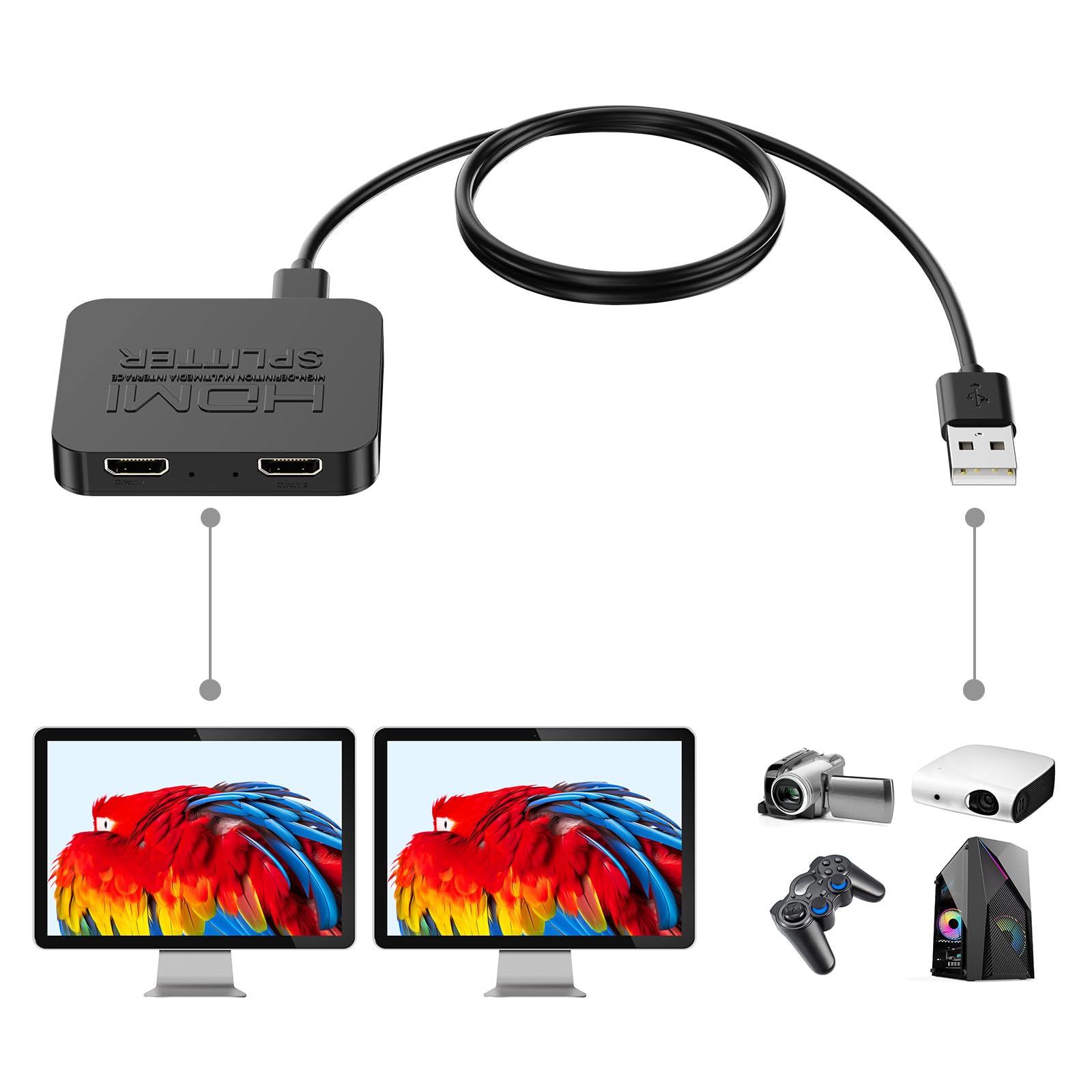 4k HDMI Splitter 1 in 2 Out HDMI Splitter for Dual Monitors Duplicate Mirror Support HDMI2.0b 60Hz Full HD 1080P 3D 18.5G Blackbps for Xbox PS4 Blu-Ray Player HDTV