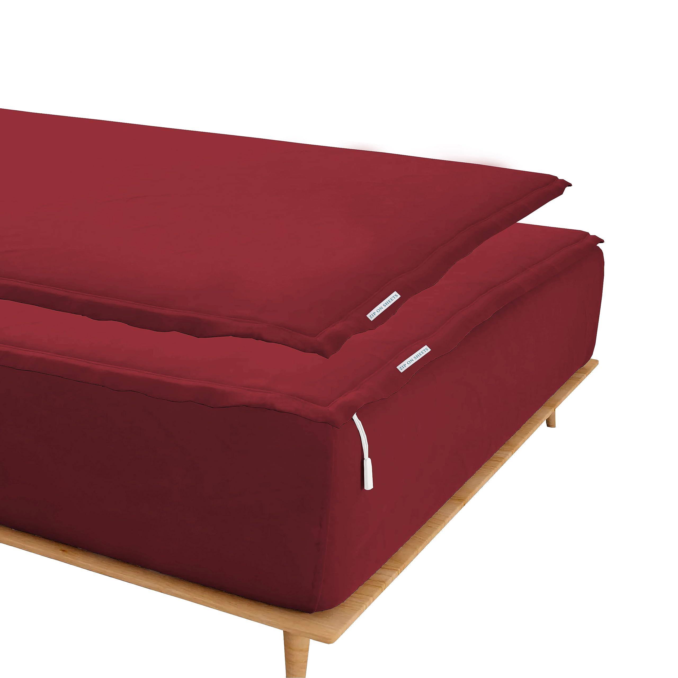 Zip On Sheets™ Zipper Fitted Sheet Twin Size - Upto 16” Inch Deep Pockets - Includes 1 Fitted Sheet Base & 2 Zip-On Sheets - Easy to Use, Sateen Cotton 500 TC Fitted Sheet - Burgundy