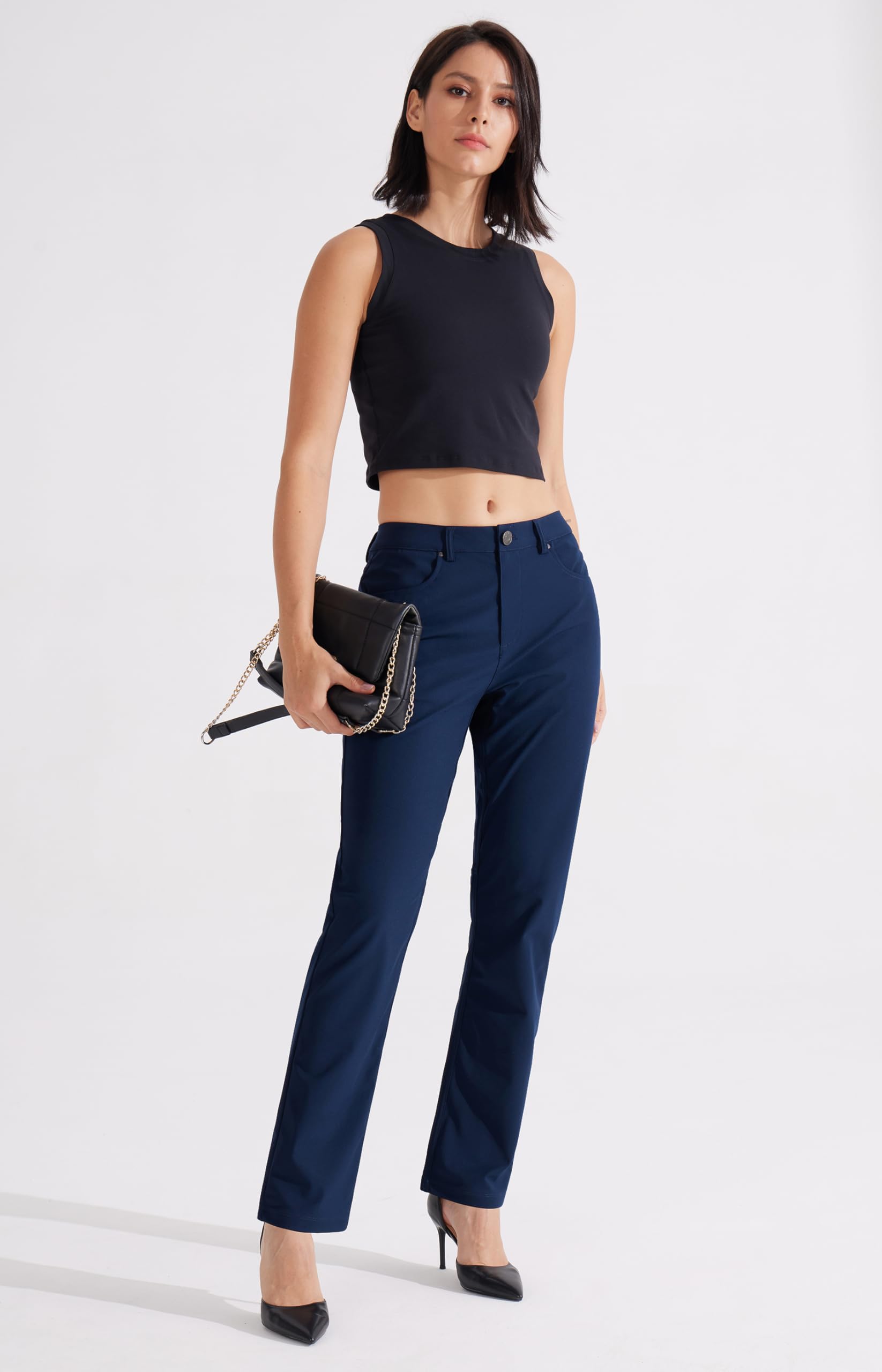 Libin Pantaloni da donna da 73,7 cm, 78,7 cm, gamba dritta, pantaloni da lavoro, ufficio, lavoro, casual, da golf, per viaggi, leggeri, Blu navy, 52