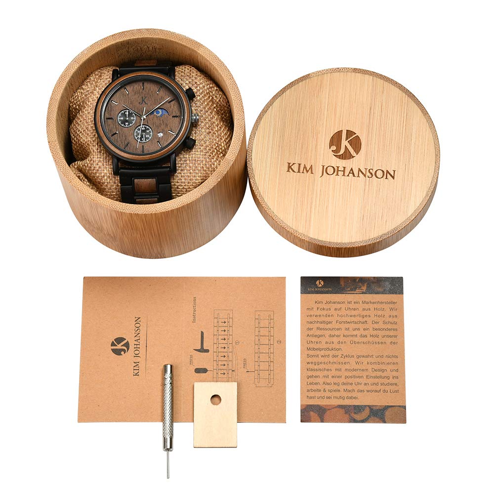 Kim Johanson Orologio da polso da uomo in legno e acciaio inox, Military, marrone scuro, cronografo con display sole e luna, realizzato a mano, orologio analogico al quarzo, con confezione regalo