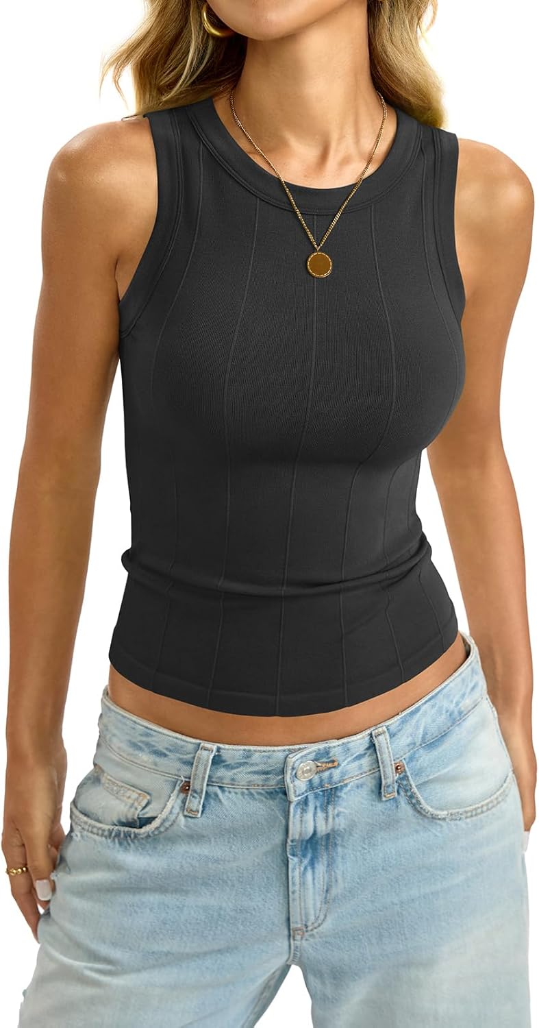 Womens Ribbed Seamless Tank Knit Crew Neck Shirt Summer Fitted Sleeveless Top Casual Basic High Neck Clothes - Image 4