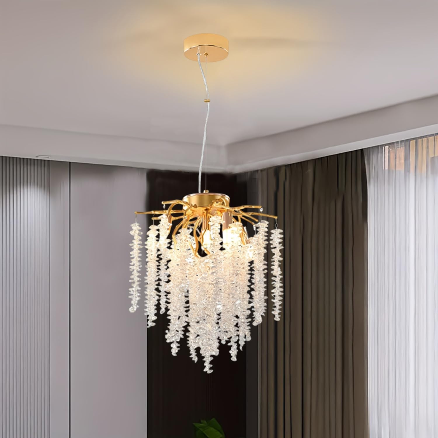 Gold Tree Branch Crystal Chandelier 5 Lights Small Ceiling Pendant Light with Dimmable Function & Adjustable Chain, Elegant Hanging Fixture for Bedroom Kitchen Island EntrywayW12in
